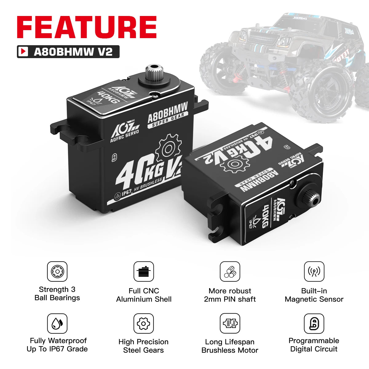 AGFRC A80BHMW V2 - Steel Gears 40KG Programmable Waterproof BLS RC Steering Servo For 1/10 Scale Car Crawler Buggy Truck Off-Road 3 AGFRC A80BHMW V2 - Steel Gears 40KG Programmable Waterproof BLS RC Steering Servo For 1/10 Scale Car Crawler Buggy Truck Off-Road — изображение 3
