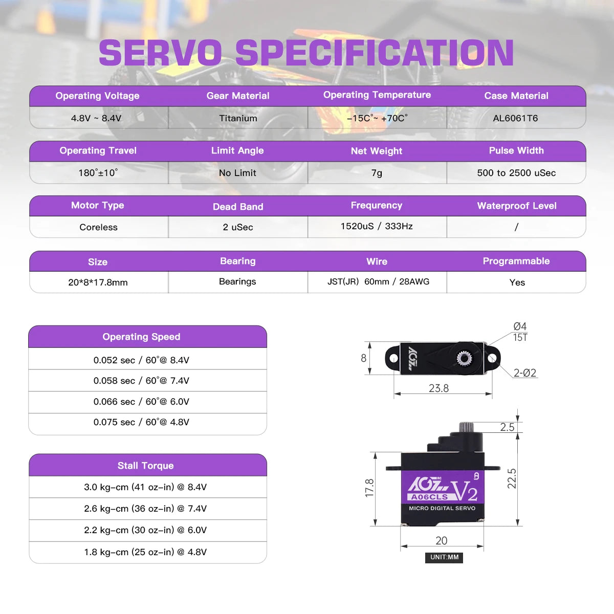 AGFRC A06CLS V2 - 3.0KG 6g Titanium Gear Super Fast Programmable Micro Servo For 1/18 1/24 1/27 1/28 Mini Car GLR GLA MRZ Airplane 6 AGFRC A06CLS V2 - 3.0KG 6g Titanium Gear Super Fast Programmable Micro Servo For 1/18 1/24 1/27 1/28 Mini Car GLR GLA MRZ Airplane — изображение 6