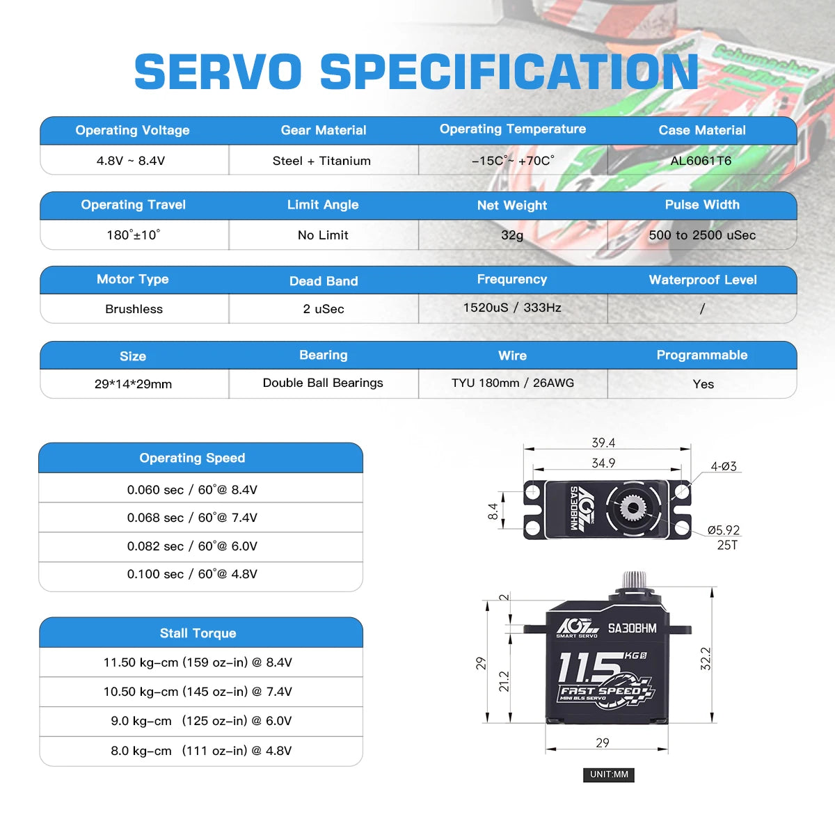 AGFRC SA30BHM - 11.5KG HV High Speed Programmable Motor Brushless Mini Smart Steering RC Servo for 1/12 1/16 RC Car Rock Crawler 7 AGFRC SA30BHM - 11.5KG HV High Speed Programmable Motor Brushless Mini Smart Steering RC Servo for 1/12 1/16 RC Car Rock Crawler — изображение 7