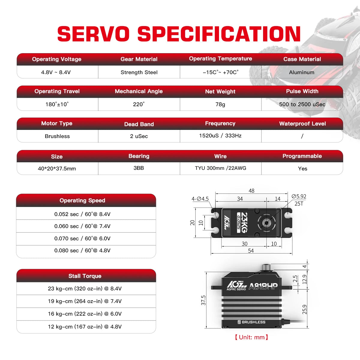 AGFRC A81BHP - 23KG Super Speed Steel Gears HV Brushless Programmable Standard Steering Servo For 1/8 RC Truck Car Boat Aircraft 6 AGFRC A81BHP - 23KG Super Speed Steel Gears HV Brushless Programmable Standard Steering Servo For 1/8 RC Truck Car Boat Aircraft — изображение 6