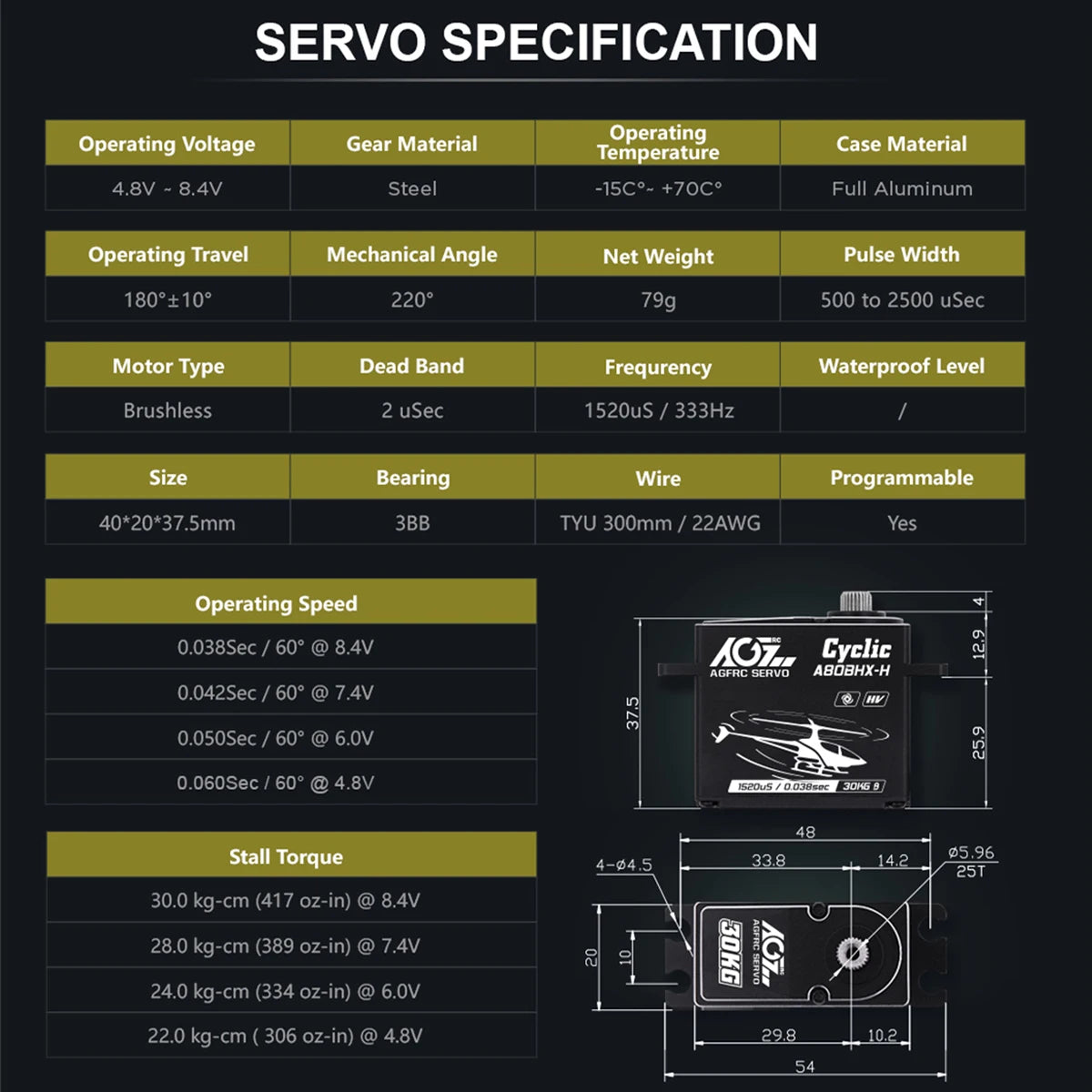 AGFRC A80BHX-H - 8.4V 30KG Programmable Helicopter Cyclic Servo High Torque High Voltage Brushless Digital Motor For RC Helicopter 6 AGFRC A80BHX-H - 8.4V 30KG Programmable Helicopter Cyclic Servo High Torque High Voltage Brushless Digital Motor For RC Helicopter — изображение 6